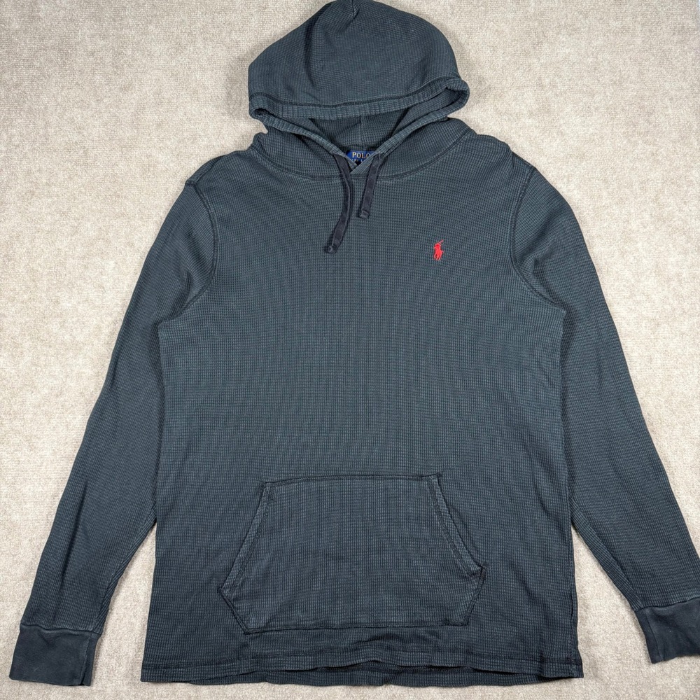 Polo Ralph Lauren‎ Waffle Knit Hoodie Mens Sz XL Black Thermal Pullover Red Pony